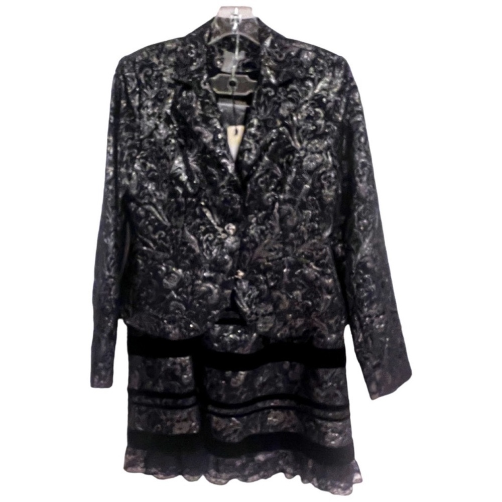 Elegant Black and Silver Floral Blazer Dress Set metallic design flashy
